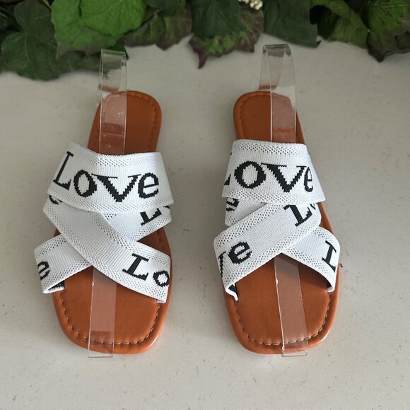 Love Themed Womens Sandals With White Straps & Clear Backstrap - Picture 1 of 5